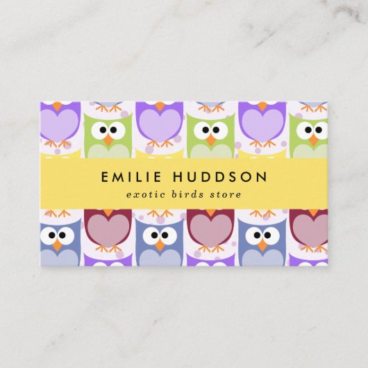 Schattigee uilen, uilenpatroon, dierenwinkel, voge visitekaartje (Voorkant)