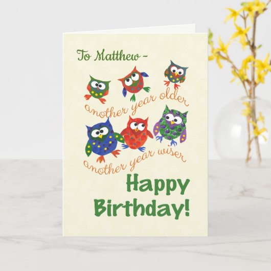 Schattigee Uilen Verjaardag Kaart om te personalis (Gele Bloem)