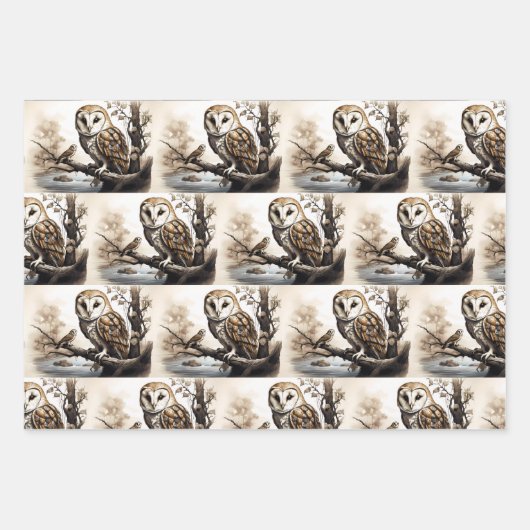 Schattigee uilen zittend op een boomtak inpakpapier vel (Voorkant 3)