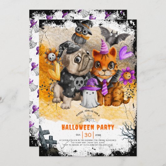 Schattigee uitnodiging voor een Halloween kat en h (Voorkant / Achterkant)