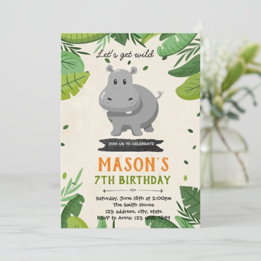 Schattigee uitnodiging voor Hippo verjaardagsfeest (Staand voorkant)
