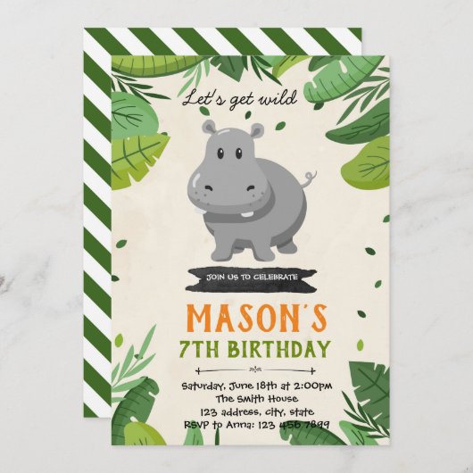 Schattigee uitnodiging voor Hippo verjaardagsfeest (Voorkant / Achterkant)