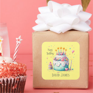 Schattigee unisex Happy Birthday cake voeg naam to Vierkante Sticker