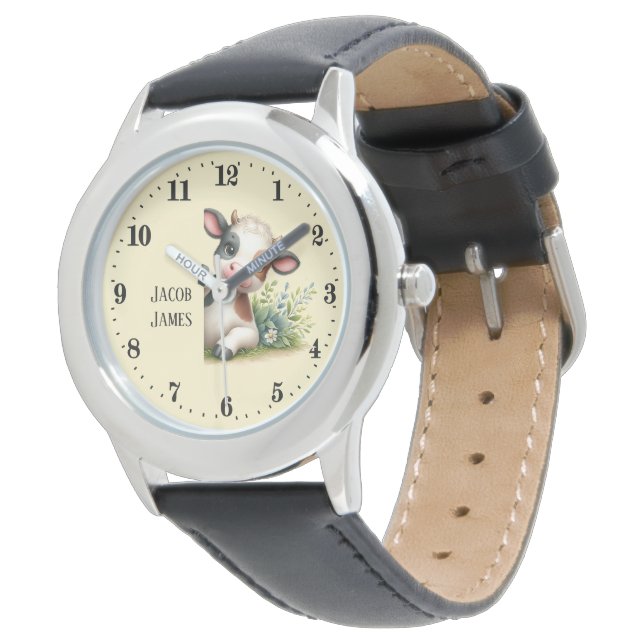 Schattigee unisex kinder peeking koe Voeg naam toe Horloge (Gekanteld)