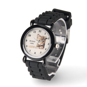 Schattigee unisex peeking cat kinder naam toevoege horloge