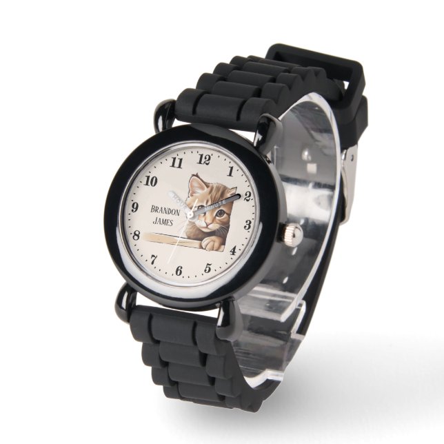 Schattigee unisex peeking cat kinder naam toevoege horloge (Hoek)