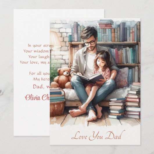 Schattigee Vader en Dochter Voorleestijd Waterverf Feestdagenkaart (Voorkant / Achterkant)