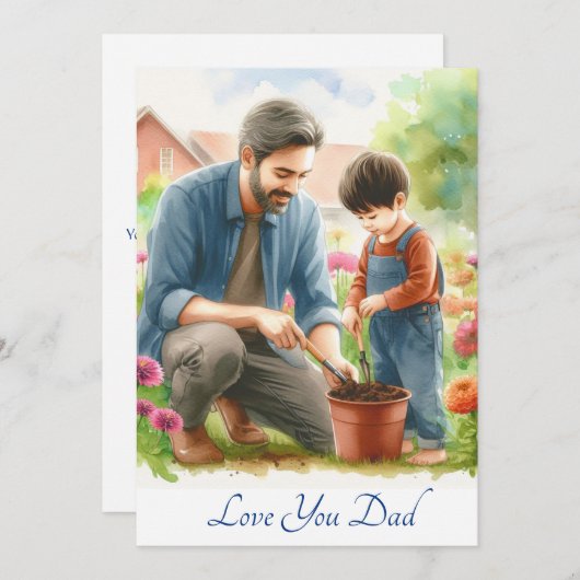 Schattigee vader en zoon samen tuinieren Waterverf Feestdagenkaart (Voorkant / Achterkant)