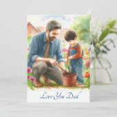 Schattigee vader en zoon samen tuinieren Waterverf Feestdagenkaart (Staand voorkant)