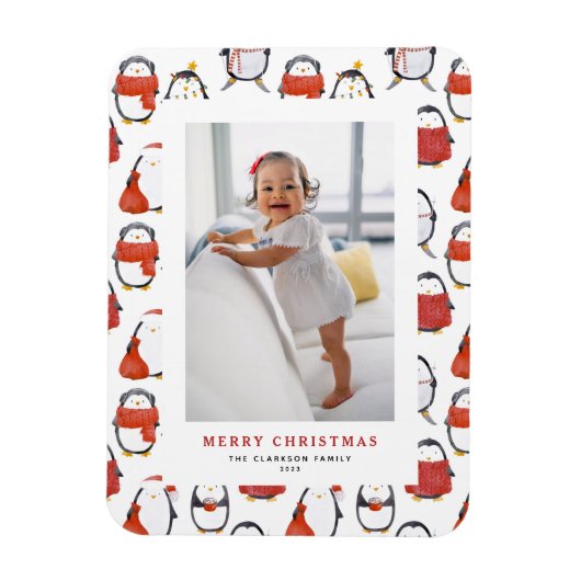 Schattigee Vakantie Pinguïns Patroon Kerstmis Foto Magneet (Verticaal)