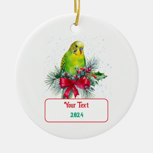 Schattigee vakantieparkiet en kerstboog keramisch ornament (Voorkant)