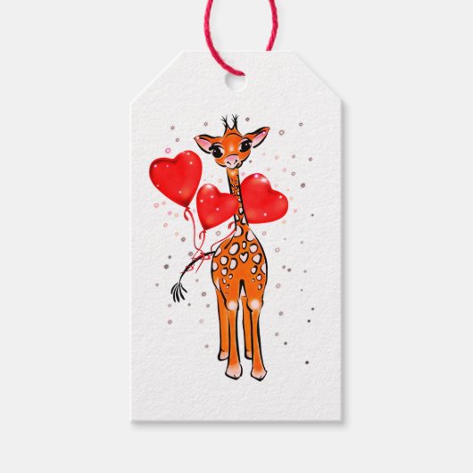Schattigee valentijn giraffe met hartballonnen cadeaulabel (Voorkant)