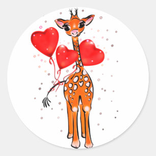 Schattigee valentijn giraffe met hartballonnen ronde sticker
