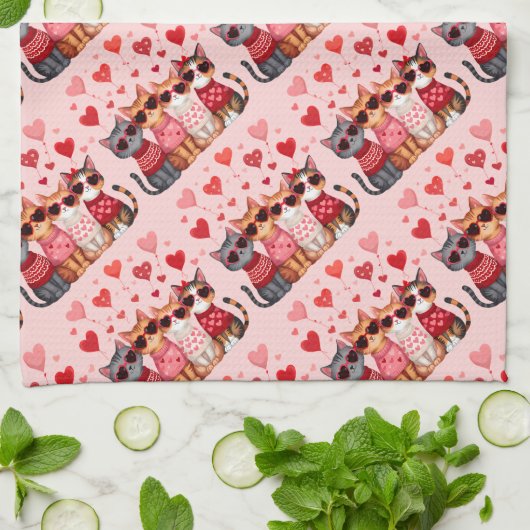 Schattigee Valentijn Katten in Hart Zonnebril Theedoek (Gevouwen)