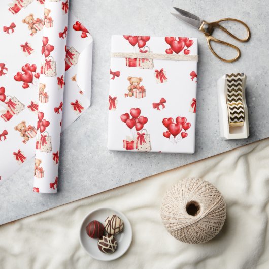 Schattigee Valentijn Teddy met hartvormige ballonn Cadeaupapier (Crafts)