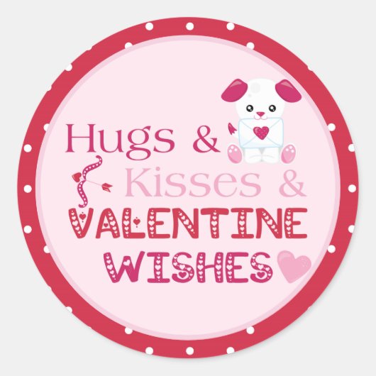 Schattigee Valentijn Wensen Puppy Hugs Kisses Ronde Sticker (Voorkant)