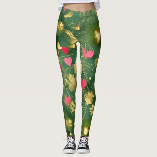 Schattigee Valentijn's Day mos groen roze bloemenh Leggings (Voorkant)