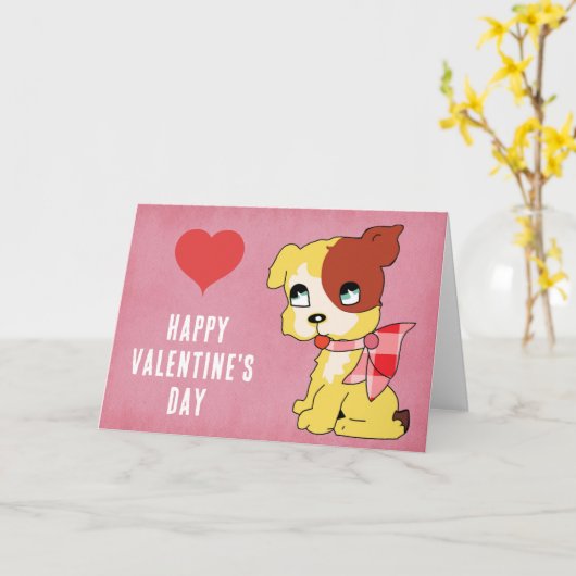 Schattigee Valentijnsdag Dog Red Heart Pink Kaart (Gele Bloem)