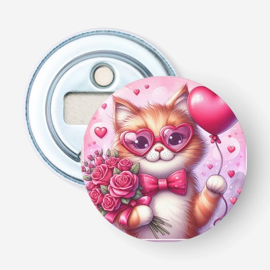 Schattigee Valentijnsdag kat/kitten Button Flesopener (Voorkant)