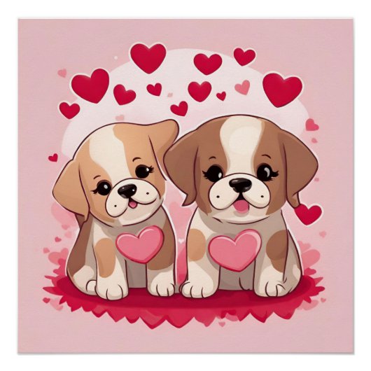 Schattigee Valentijnsdag Puppies met harten Perfect Poster (Voorkant)