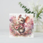 Schattigee Valentijnsdag Waterverf Muis Roze Bloem Feestdagenkaart (Staand voorkant)