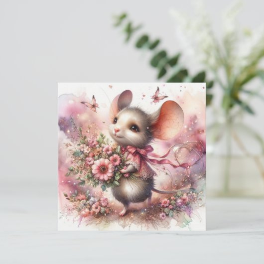 Schattigee Valentijnsdag Waterverf Muis Roze Bloem Feestdagenkaart (Staand voorkant)