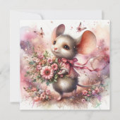 Schattigee Valentijnsdag Waterverf Muis Roze Bloem Feestdagenkaart (Voorkant)