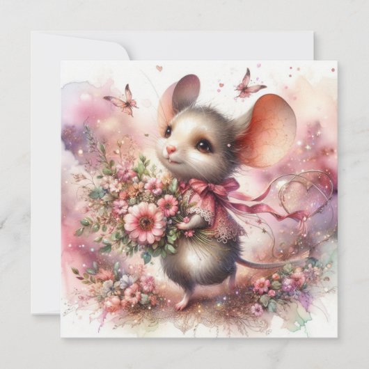 Schattigee Valentijnsdag Waterverf Muis Roze Bloem Feestdagenkaart (Voorkant)
