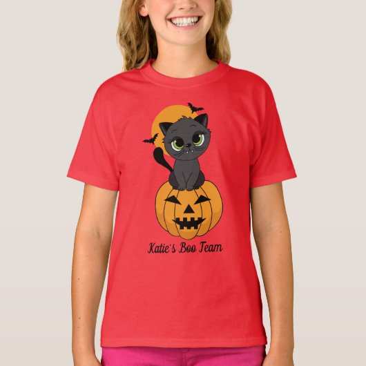 Schattigee Vampier Kat en Pompoen Kinder Halloween T-shirt (Voorkant)