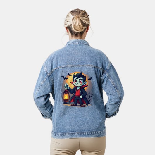Schattigee Vampier met Lantaarn Kawaii Halloween Denim Jacket (Model)