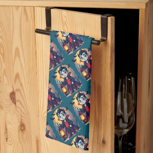 Schattigee Vampier met Lantaarn Kawaii Halloween Theedoek (Derde Gevouwen)