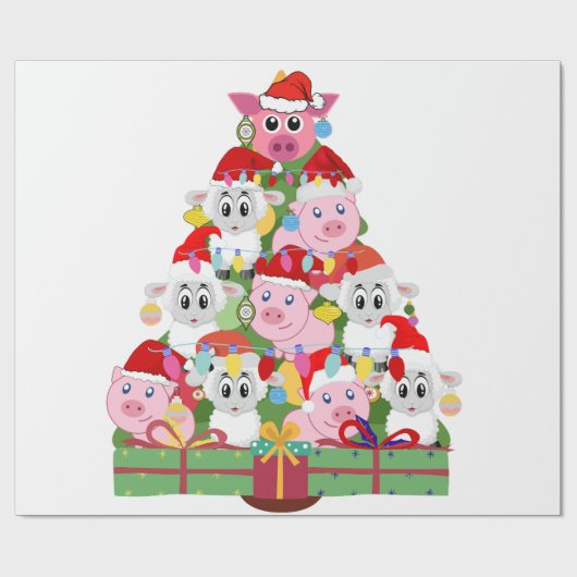 Schattigee Varkens en Schapen Kerstboom Cadeaupapier (Vlak)
