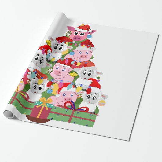 Schattigee Varkens en Schapen Kerstboom Cadeaupapier (Uitgerold)