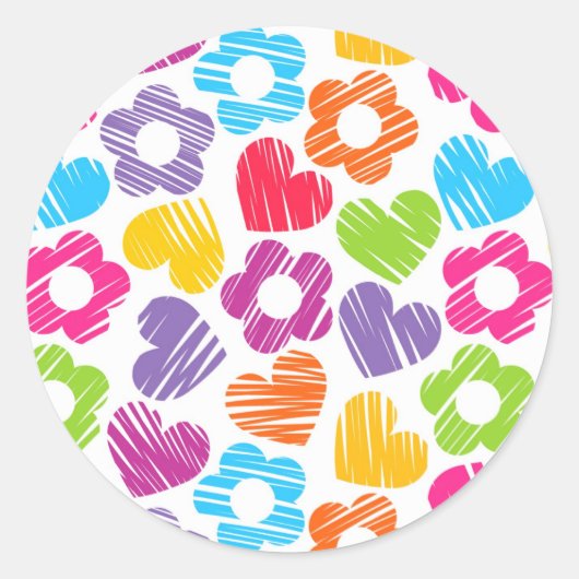 Schattigee veelkleurige bloemen en harten girly pa ronde sticker (Voorkant)