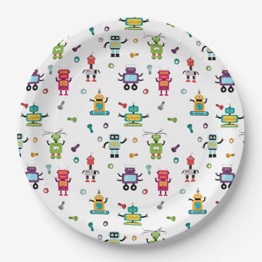 Schattigee veelkleurige Robots Kinder Robot Verjaa Papieren Bordje (Voorkant)