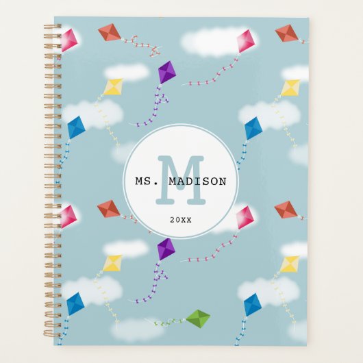 Schattigee veelkleurige vliegers Teacher Monogram Planner (Voorkant)