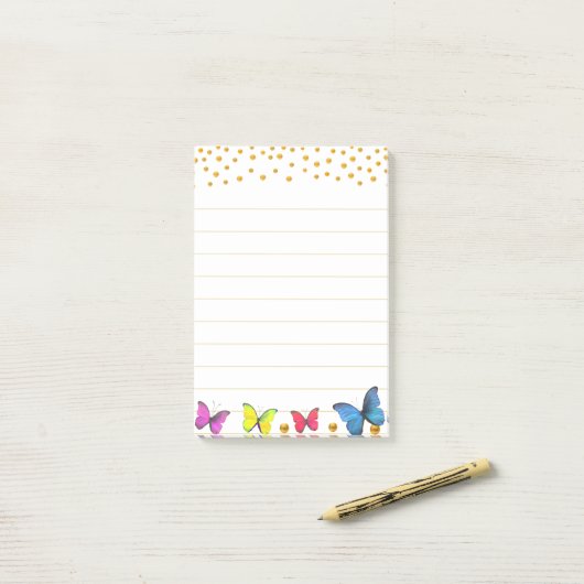 Schattigee veelkleurige vlinders & gouden Confetti Post-it® Notes (Op bureau)