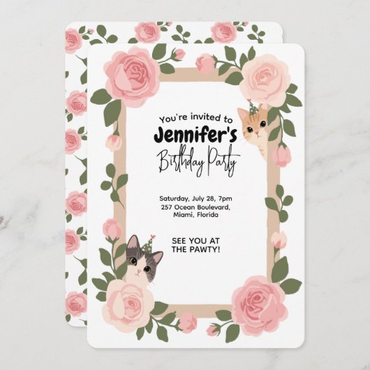 Schattigee verjaardagsuitnodiging met een bloemkat kaart (Voorkant / Achterkant)