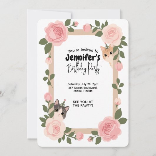 Schattigee verjaardagsuitnodiging met een bloemkat kaart (Voorkant)
