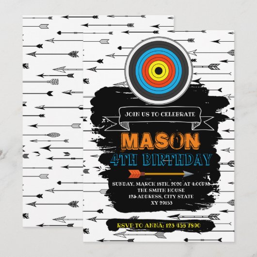 Schattigee verjaardagsuitnodiging voor boogschiete kaart (Voorkant / Achterkant)