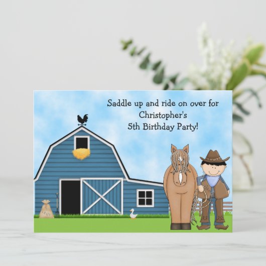Schattigee verjaardagsuitnodiging voor Cowboy en H Kaart (Staand voorkant)