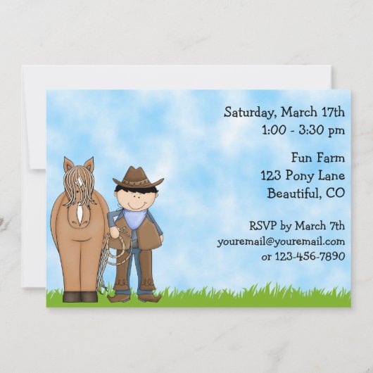 Schattigee verjaardagsuitnodiging voor Cowboy en H Kaart (Achterkant)