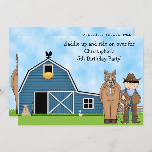 Schattigee verjaardagsuitnodiging voor Cowboy en H Kaart (Voorkant / Achterkant)