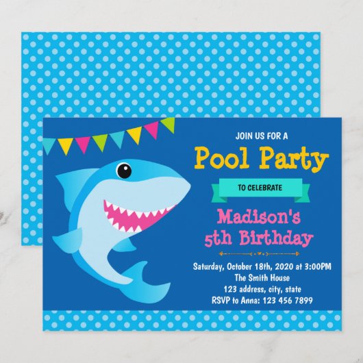 Schattigee verjaardagsuitnodiging voor haaien kaart (Voorkant / Achterkant)
