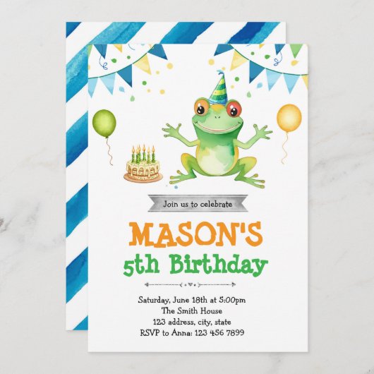 Schattigee verjaardagsuitnodiging voor kikkers kaart (Voorkant / Achterkant)