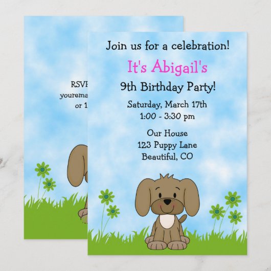 Schattigee verjaardagsuitnodiging voor puppy's voo kaart (Voorkant / Achterkant)