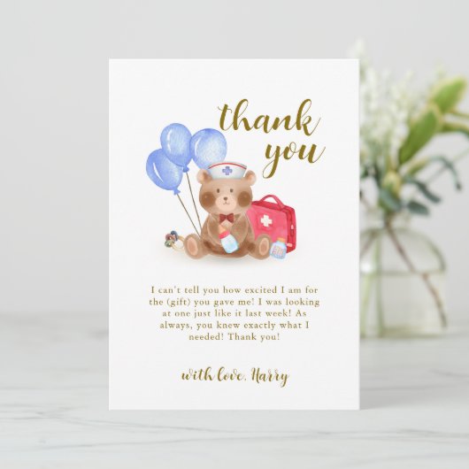 Schattigee verpleegster dokter teddybeer ballon Ba Bedankkaart (Staand voorkant)