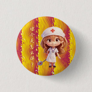 Schattigee Verpleegster met Chinese Greeting Badge Ronde Button 3,2 Cm