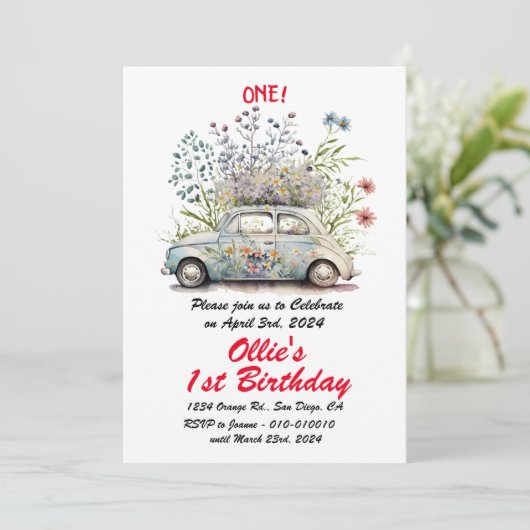 Schattigee vintage auto 1e verjaardagsfeestje kaart (Staand voorkant)