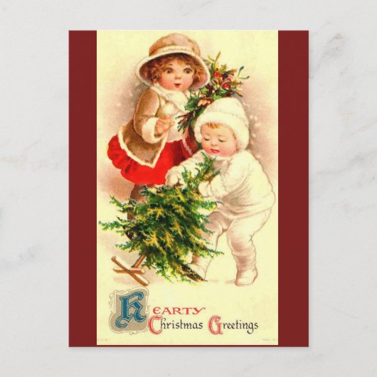 Schattigee Vintage Christmas Children Afbeelding o Feestdagenkaart (Voorkant)